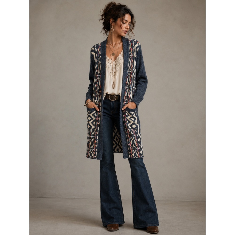 Yuna Fashion Woven Cardigan Duster Boho Southwestern Geometric Blue Medium